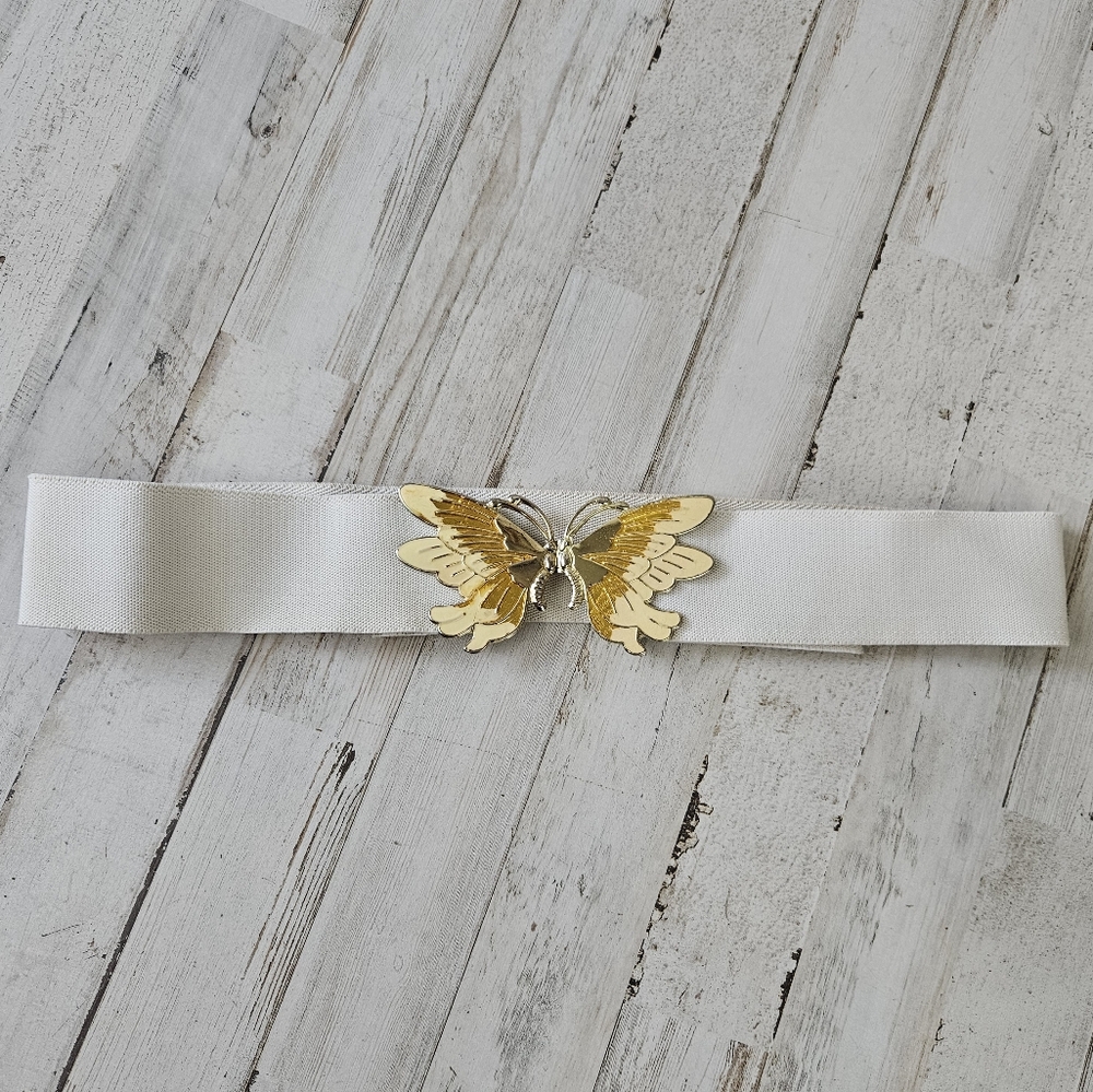 Vintage Metal Butterfly Clip Buckle Stretchy White Belt - Picture 4 of 6
